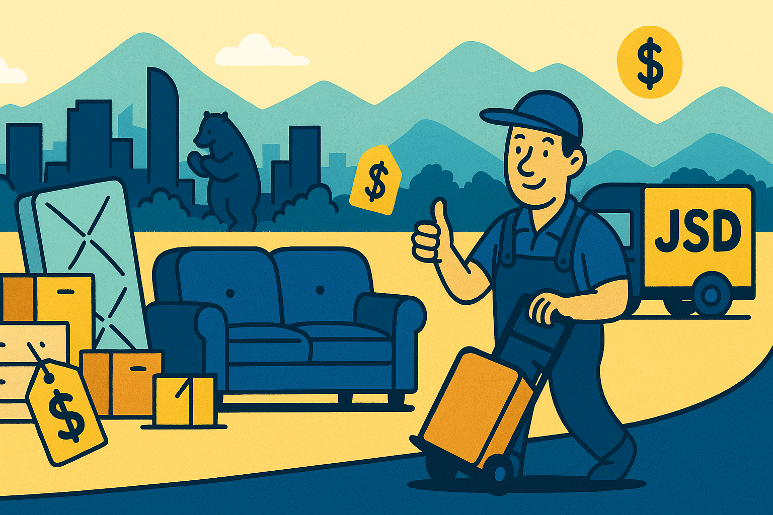 Cheapest junk removal Denver by Junk Same Day — worker, truck and Denver skyline