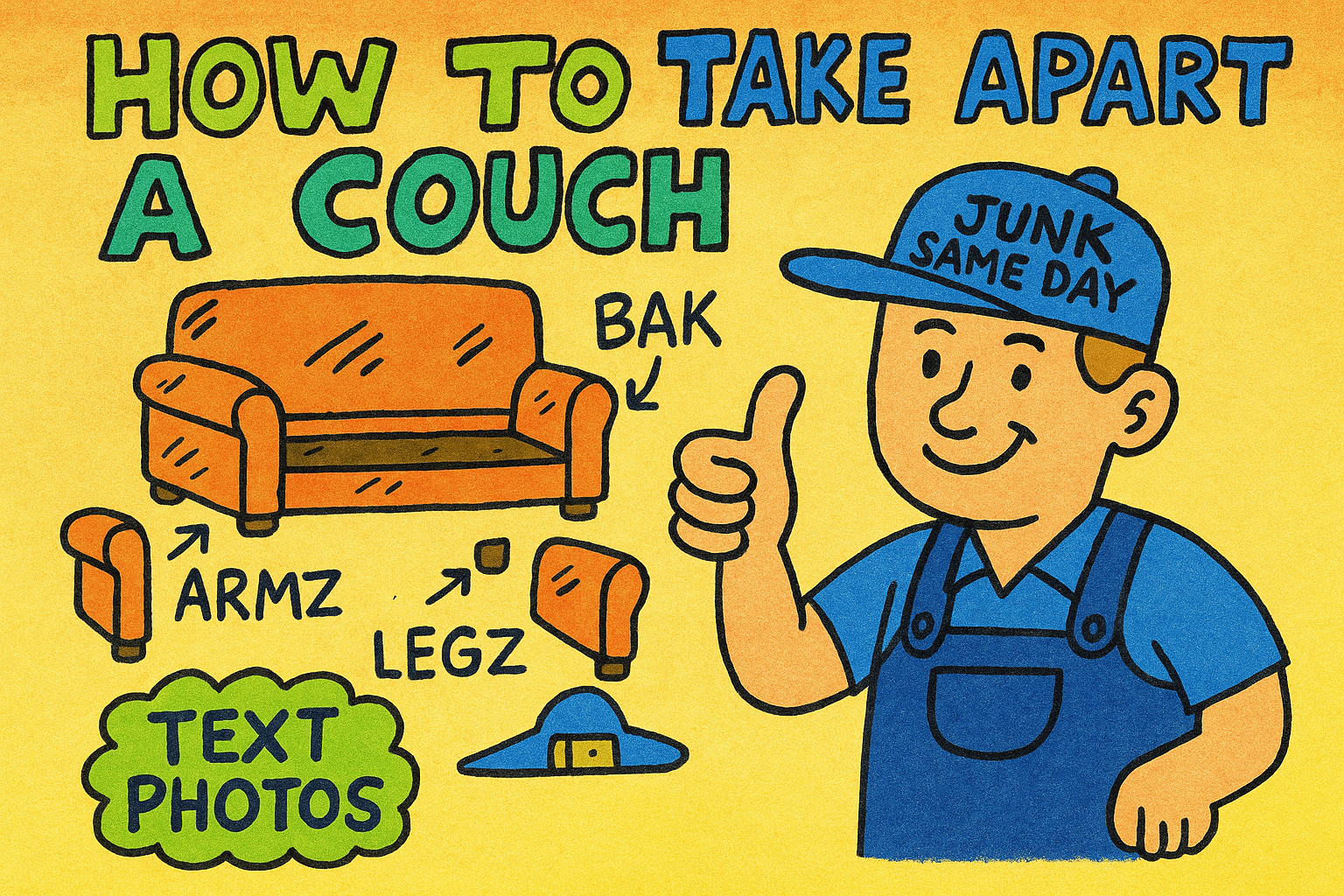 Hand-drawn steps showing how to take apart a couch: remove legs, backs, and arms