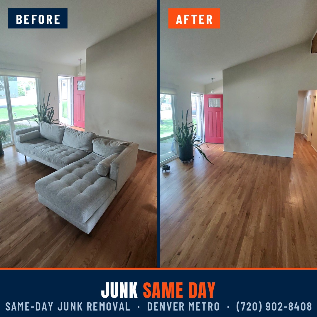 Before and after: sectional couch removal in a Denver living room by Junk Same Day
